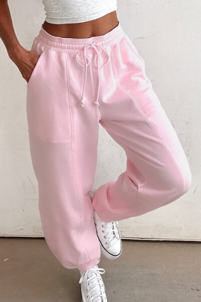 Light Pink Drawstring Elastic Waistband Solid Color Jogger Pants