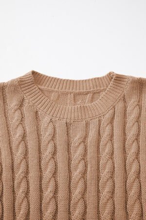 Light French Beige Crew Neck Cable Knit Short Sleeve Sweater - Image 6