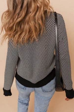 White Stripe Buttoned Front V Neck Herringbone Cardigan - Image 3