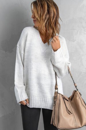 White V neck Drop Shoulder Knitted Sweater - Image 5