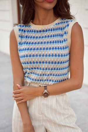 Sky Blue Stripe Geometric Print Round Neck Slim Fit Sweater Vest - Image 4