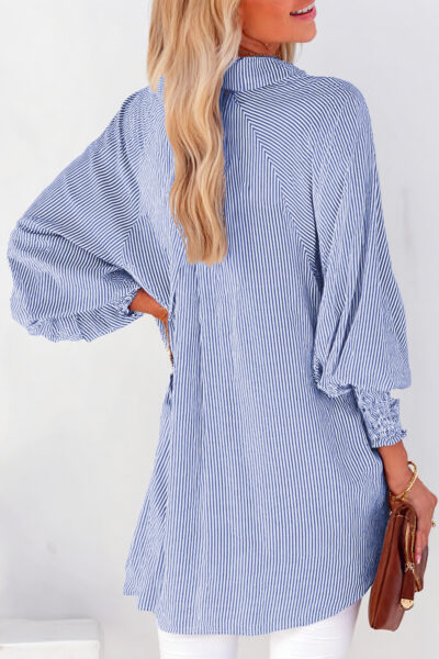 Blue Stripe Smocked Cuffed Striped Boyfriend Shirt with Pocket