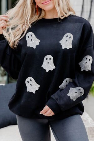 Alternative view of Black Glitter Ghost Pattern Crew Neck Halloween Sweatshirt