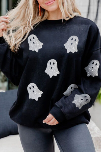 Black Glitter Ghost Pattern Crew Neck Halloween Sweatshirt
