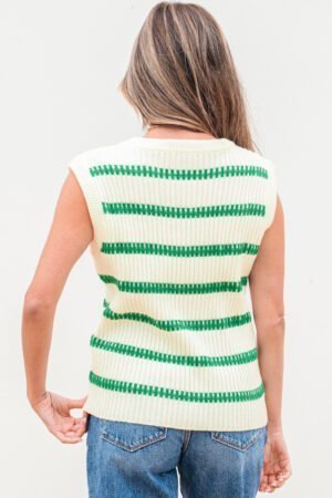 Bright Green Striped Round Neck Casual Sweater Vest - Image 2