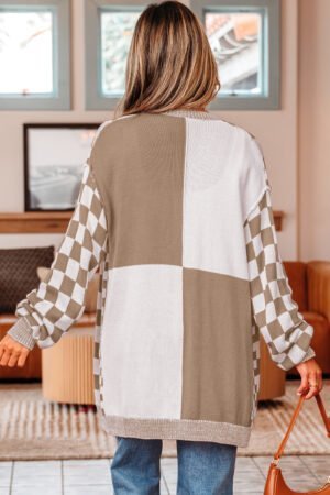 Brown Checkered Open Front Drop Shoulder Cardigan - Image 12
