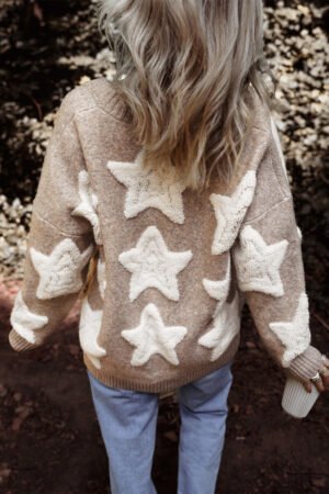 Khaki Sherpa Star Pattern Textured Sweater Cardigan with Pockets - Image 2