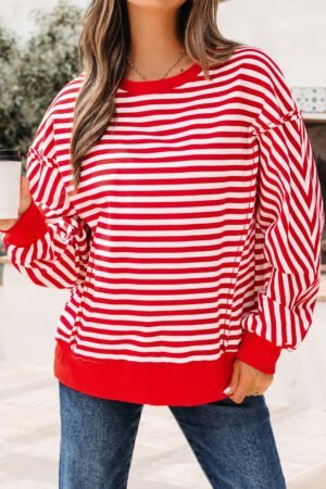 Red Stripe Exposed Seam Drop Shoulder Casual Pullover Top - Image 6