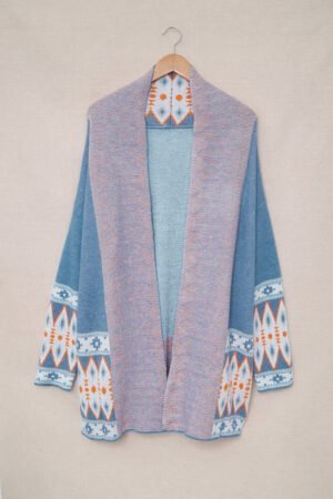 Blue Aztec Print Open Front Knitted Cardigan - Image 5