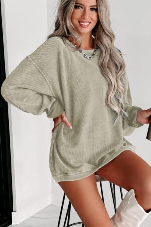 Green Solid Ribbed Knit Round Neck Pullover Sweatshirt - Image 2