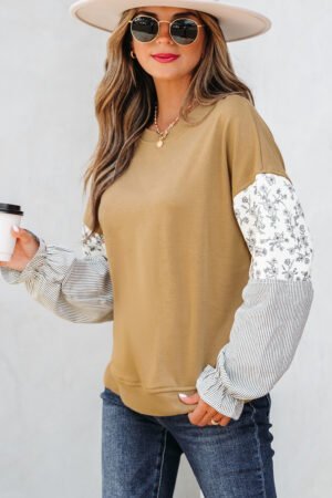 Camel Floral Striped Patchwork Ruffled Sleeve Crew Neck Sweatshirt - Image 3