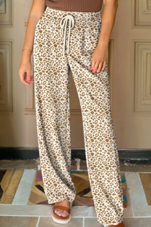 Khaki Leopard Drawstring Elastic Waistband Loose Pants