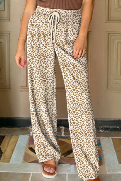 Khaki Leopard Drawstring Elastic Waistband Loose Pants