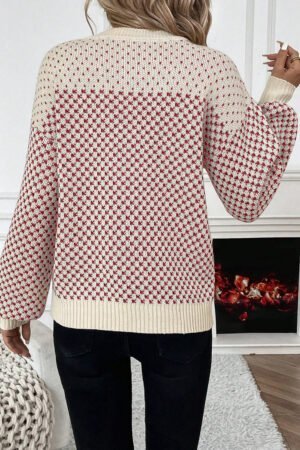 Red Contrast Color Pattern Lantern Sleeve Sweater - Image 2