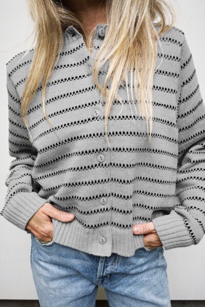 Gray Stripe Button Front Ribbed Trim Short Cardigan