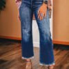 Sail Blue Mineral Wash Raw Hem High Waist Flared Jeans