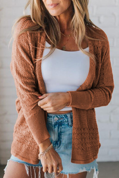 Redwood Burl Mix Pattern Hollowed Knit Open Front Cardigan