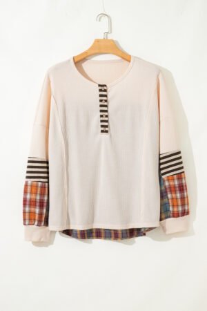 Parchment Plus Size Waffle Colorblock Striped Plaid Patchwork Half Button Pullover - Image 6