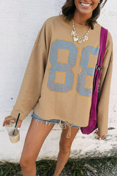 Khaki 88 Number Graphic Drawstring Hemline Oversize Long Sleeve Top