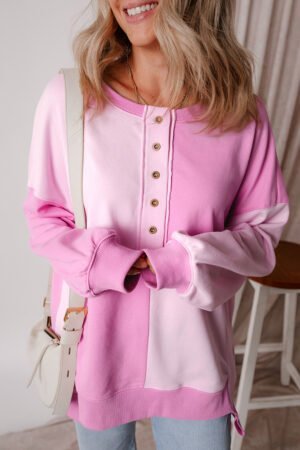 Pink Colorblock Henley High Low Oversize Sweatshirt - Image 2