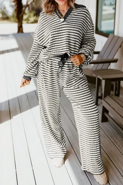 White Stripe Collared Pullover Top and Drawstring Pant Set