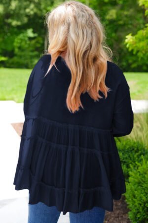 Navy Blue Tiered Ruffle Ribbed Crew Neck Pullover Plus Size Top - Image 2
