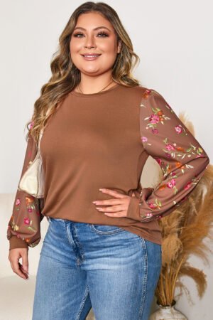 Brown Floral Sleeve Patchwork Round Neck Plus Blouse - Image 4