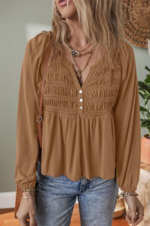 Cinnamon Smocked Bust Buttoned Split V Neck Flow Fit Blouse