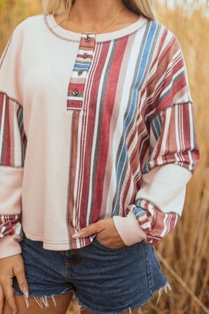 Beige Striped Waffle Patchwork Exposed Seam Raw Edge Casual Knit Top - Image 4