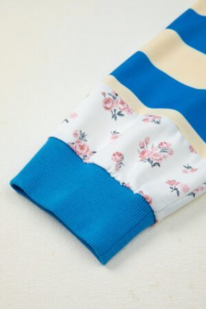 Blue Stripe Floral Color Block Drop Shoulder Plus Size Pullover Top - Image 8
