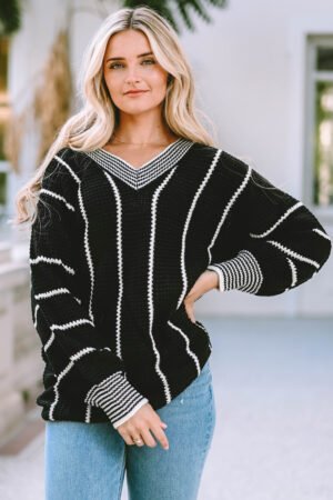 Black Colorblock Striped V Neck Knitted Loose Sweater - Image 8