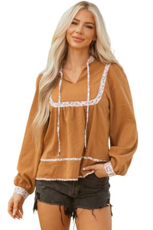 Straw Yellow Split Neck Pleated Floral Trim Long Puff Sleeve Blouse - Image 17