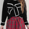 Black Contrast Trim Big Bow Accent Holiday Cropped Sweater