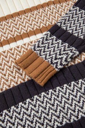 Brown Stripe Stylish Pattern Knitted Ribbed Trim Slim Sweater - Image 12