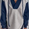 Light Grey Color Block Patchwork V Neck Drawstring Hoodie