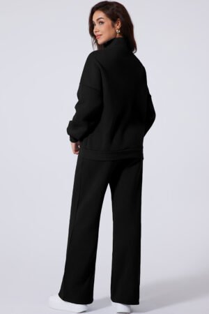 Black Drop Shoulder Zip Up Jacket Drawstring Pants Active 2pcs Set - Image 2