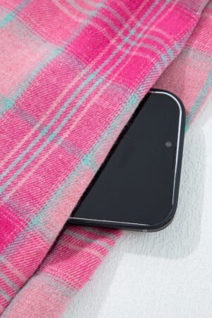 Sachet Pink Plaid Print Rounded Hem Long Sleeve Shirt with Pockets - Image 8