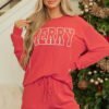 Racing Red Corded MERRY Graphic Long Sleeve Top and Shorts Set