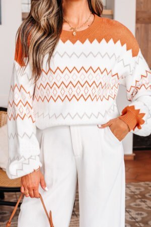 Khaki Zigzag Geometric Pattern Knitted Pullover Sweater - Image 6