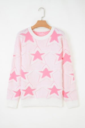 Sachet Pink Oversized Cute Star Pattern Ribbed Edge Drop Shoulder Sweater - Image 6