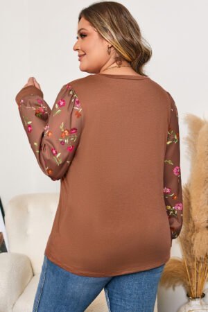 Brown Floral Sleeve Patchwork Round Neck Plus Blouse - Image 2