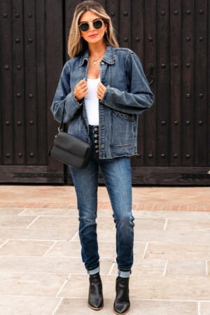 Sail Blue Scallop Trim Collar Patched Pocket Button Up Denim Jacket - Image 5