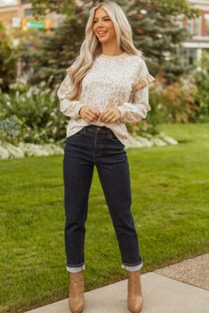 Khaki Leopard Ruffle Detail Ribbed Trim Round Neck Sweatshirt - Image 6