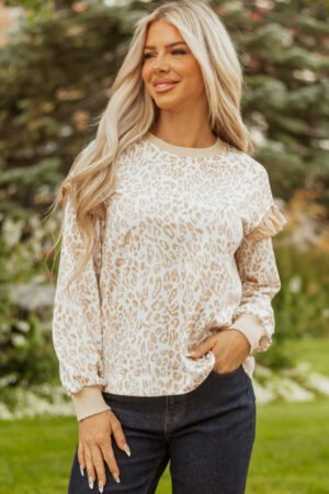 Khaki Leopard Ruffle Detail Ribbed Trim Round Neck Sweatshirt - Image 4