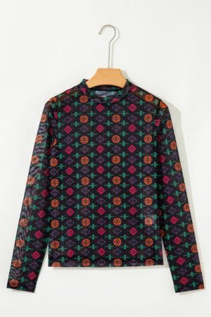 Black Western Aztec Printed Long Sleeve Mesh Top - Image 4