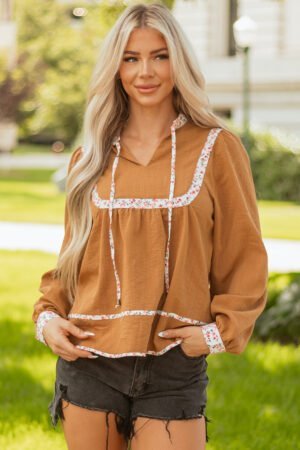 Straw Yellow Split Neck Pleated Floral Trim Long Puff Sleeve Blouse - Image 13