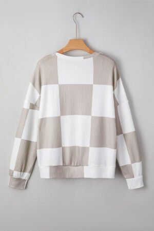 Khaki Checkered Print Breathable Textured Long Sleeve Top - Image 4
