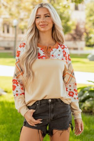 Parchment Floral Plaid Patchwork Casual Top - Image 4