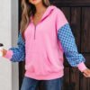 Bonbon Checkered Patchwork Kangaroo Pocket Half Zipper Hoodie