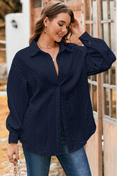 Navy Blue Cable Texture Puff Sleeve Loose Shacket